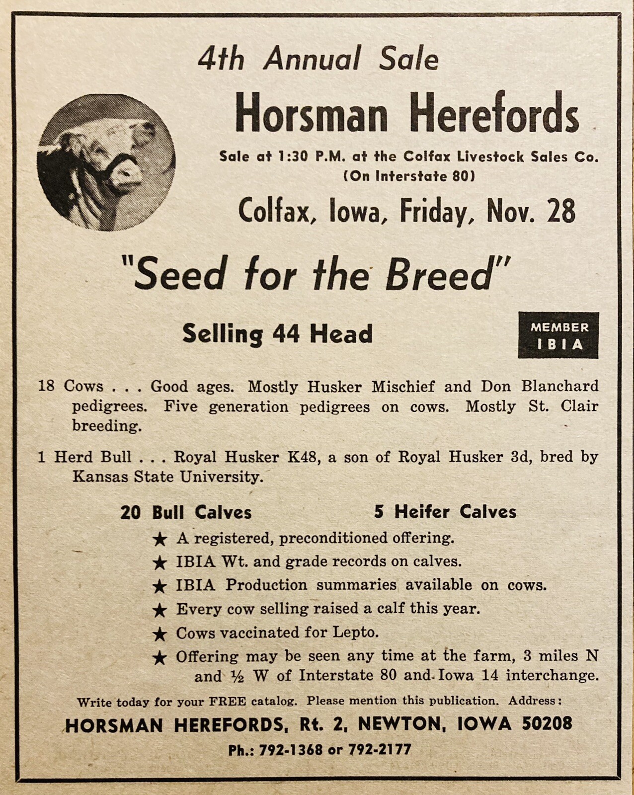 1969 AD.(XH79)~HORSMAN HEREFORDS SALE AT COLFAX, IOWA.
