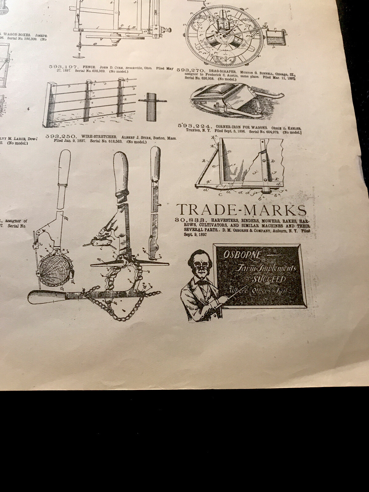 ORIGINAL 1897 Farm Implement Patents Advertising – Double Sided – 10” X 15”