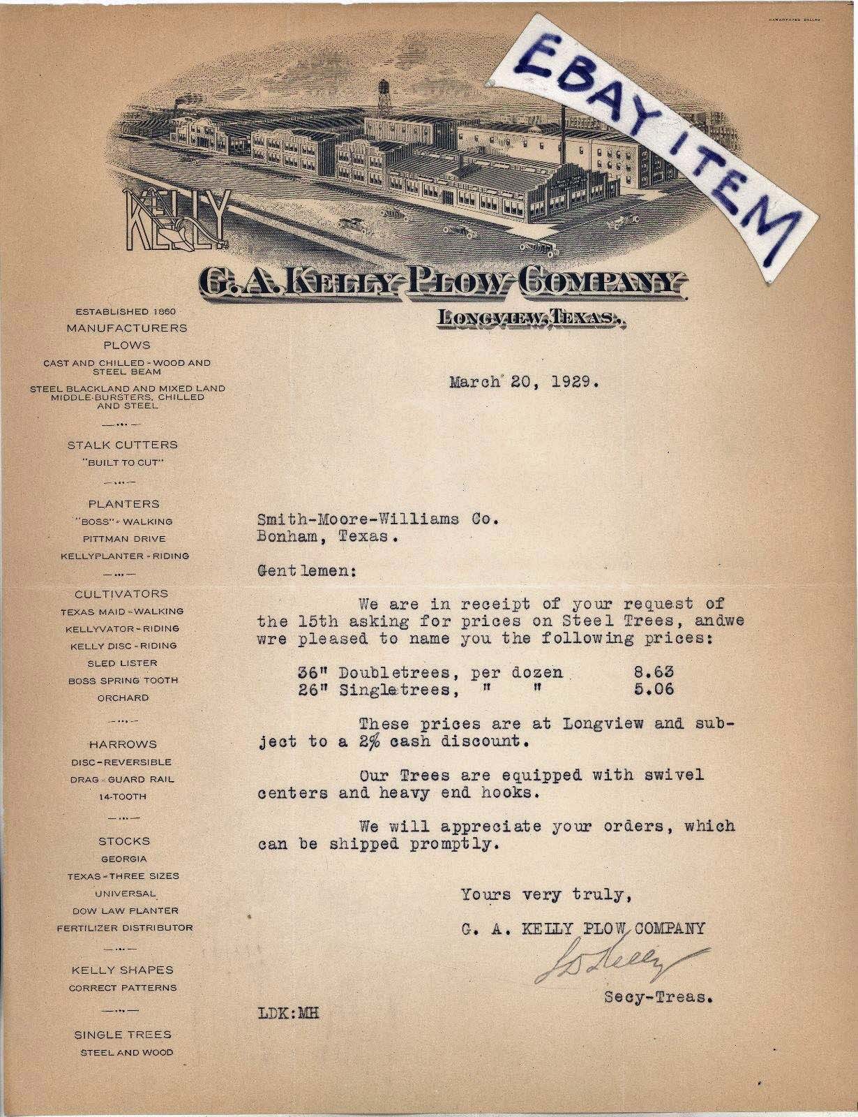 1929 G A Kelly Plow Company LONGVIEW TEXAS farm machinery LETTERHEAD Hargreaves