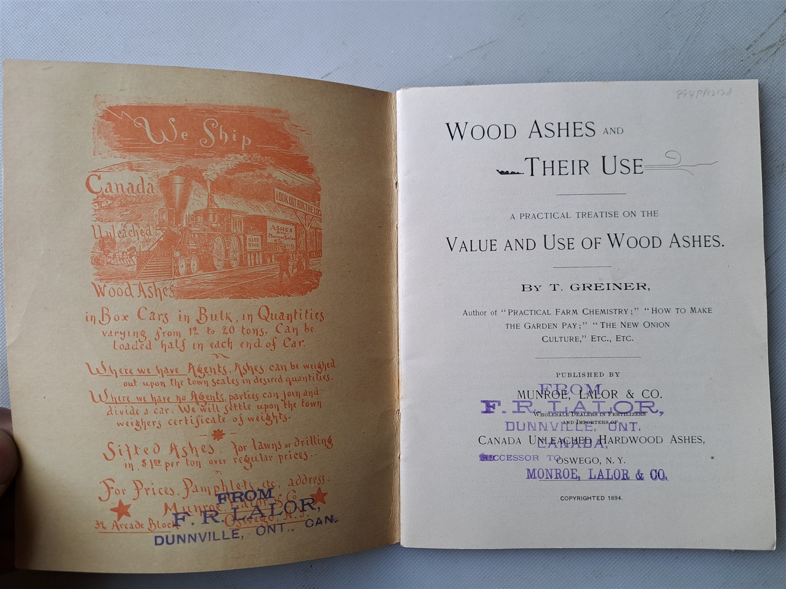 Wood Ashes and Their Use by T. Greiner – Fertilizer Promo Booklet 1894