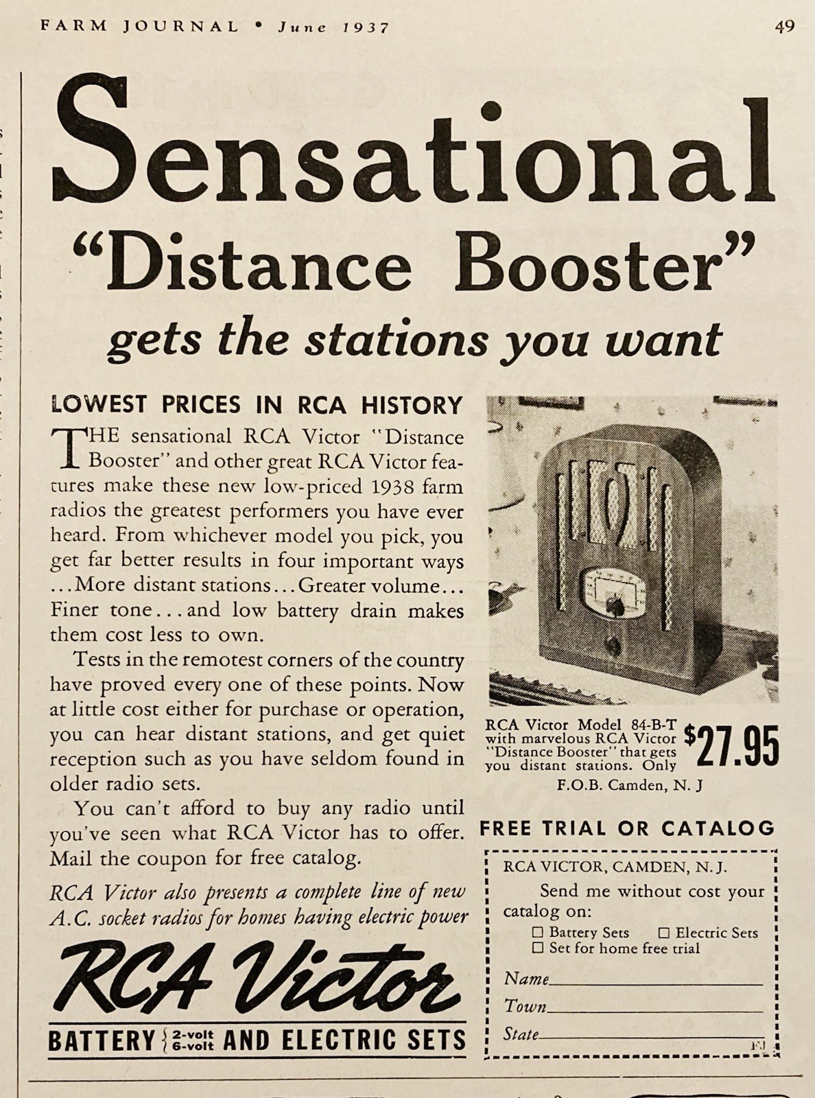 1937 AD.(XH84)~RCA VICTOR CO. CAMDEN, NJ. MODEL 84-BT FARM RADIO