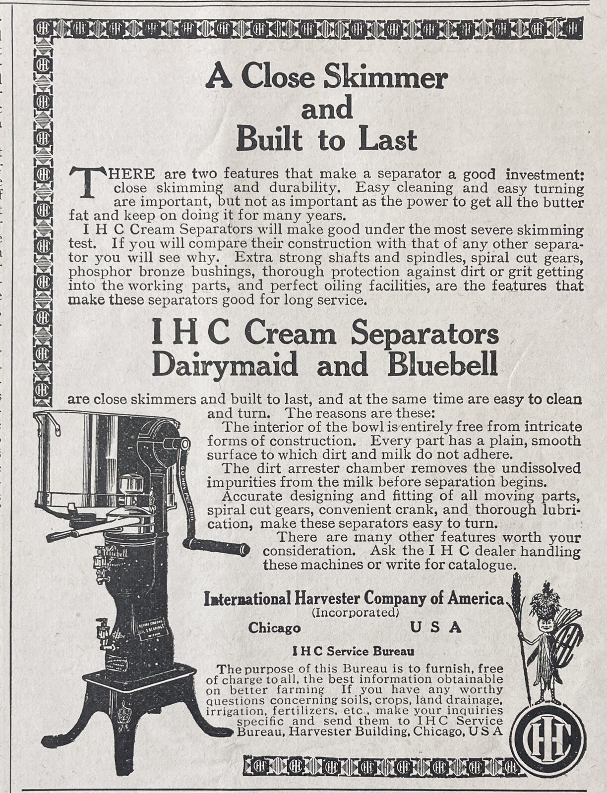 1912 AD.(XH66)~INTERNATIONAL HARVESTER CO. CREAM SEPARATORS~DAIRYMAID-BLUEBELL~