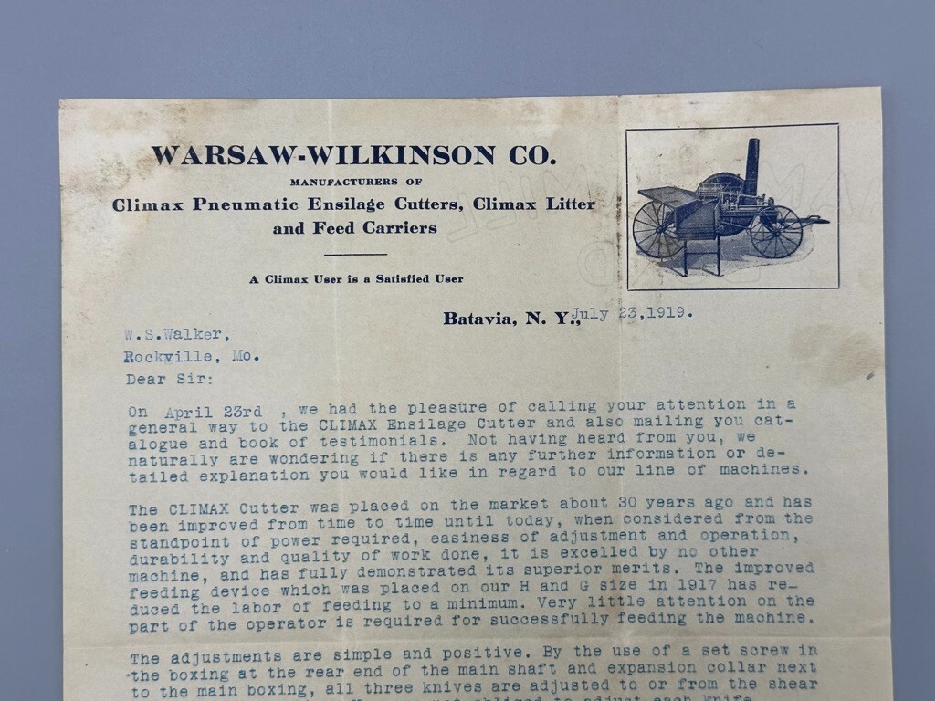1919 WARSAW WILKINSON Climax Ensilage Cutters FARM Advertising Letter BATAVIA NY