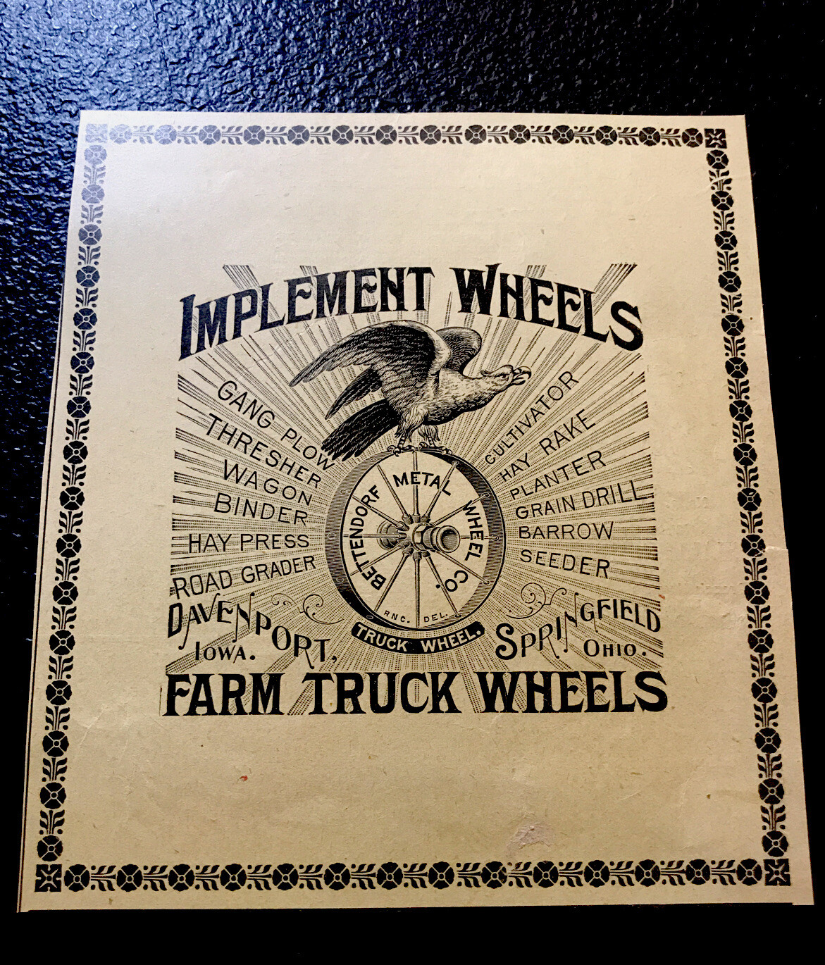 1897 Bettendorf Implement Farm Wheels Advertising – Davenport IA Springfield OH