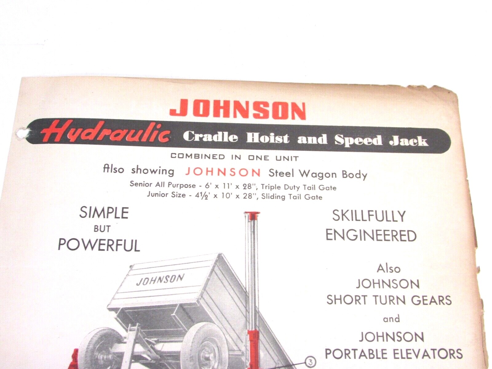 VINTAGE JOHNSON HYDRAULIC CRADLE HOIST & SPEED JACK BROCHURE FOR WAGON