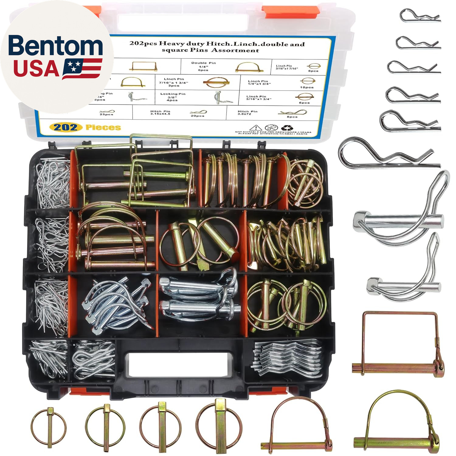202PCS Hitch Pins Clip Pins, Linch and PTO Pins for Trailers Tractors Trucks Tow