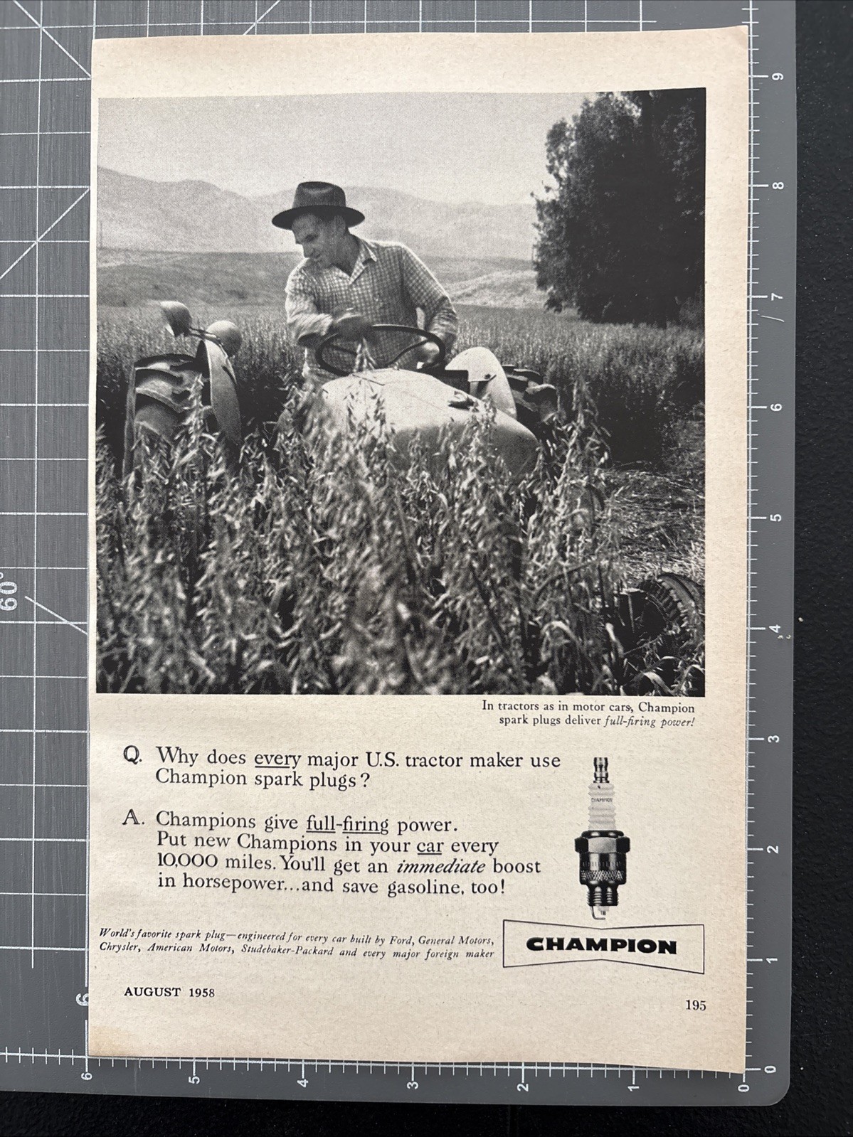 1958 Print Ad Champion Spark Plugs Man On Tractor