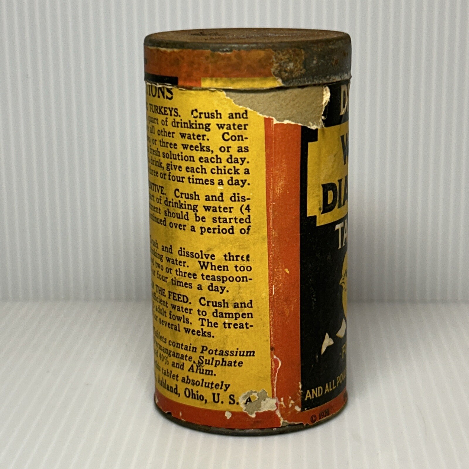 Antique 1926 Dr Hess White Diarrhea Tablets for Chicks, Farm Medicine Can ~ RARE