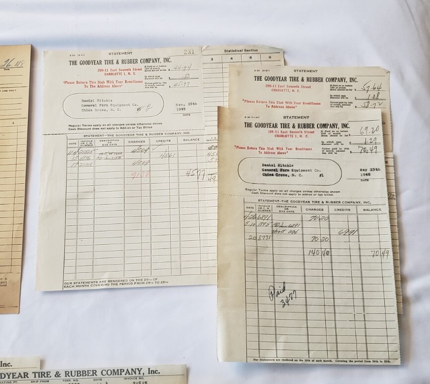 HUGE LOT of VINTAGE 1948 Goodyear Tire Rubber Invoice Tractor Farm Eq Concord NC