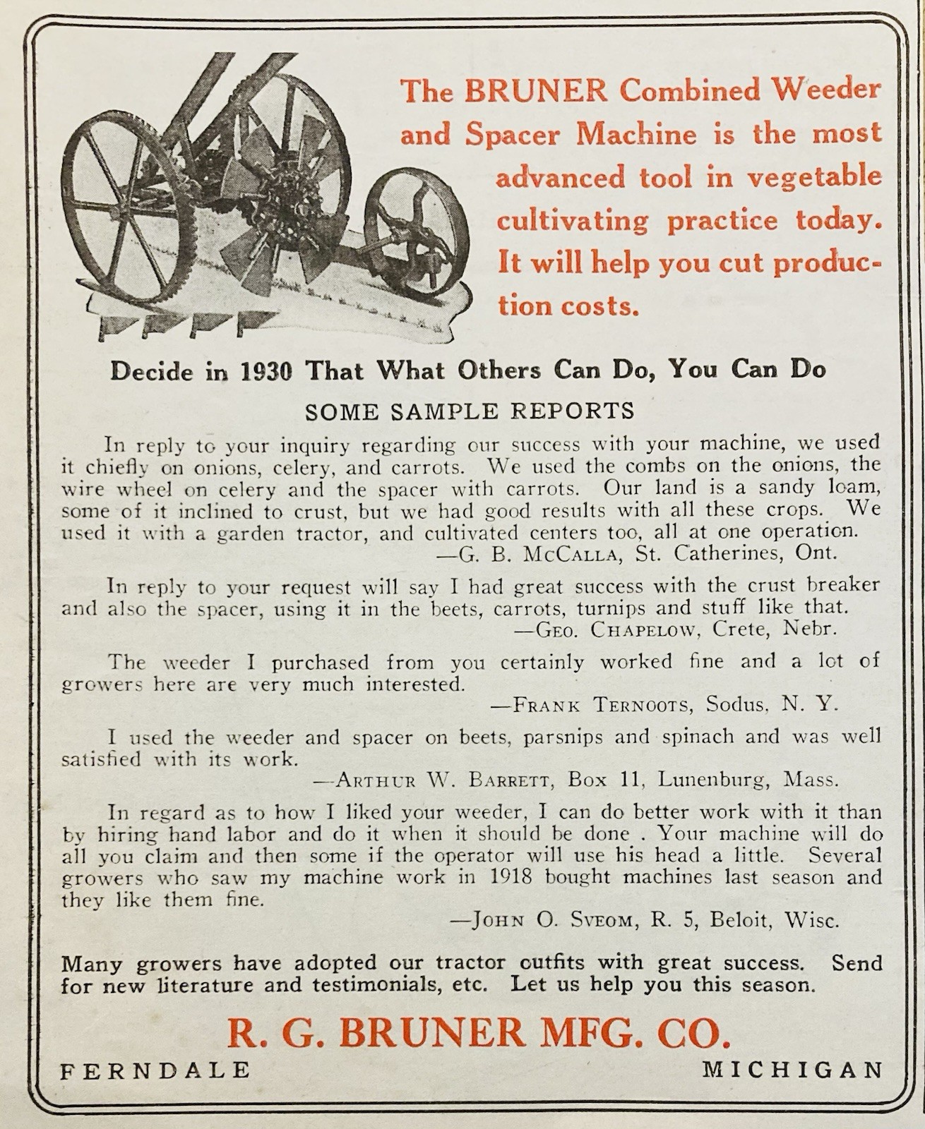 1930 AD.(XH86)~R.G. BRUNER MFG. CO. FERNDALE, MI. BRUNER CULTIVATOR MACHINE