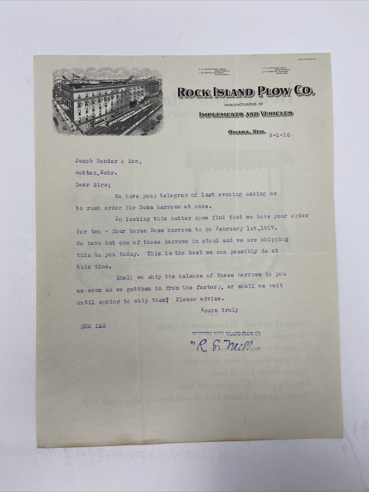 1916 Rock Island Plow Co. Letterhead Advertising Heider One Man Tractor Farming