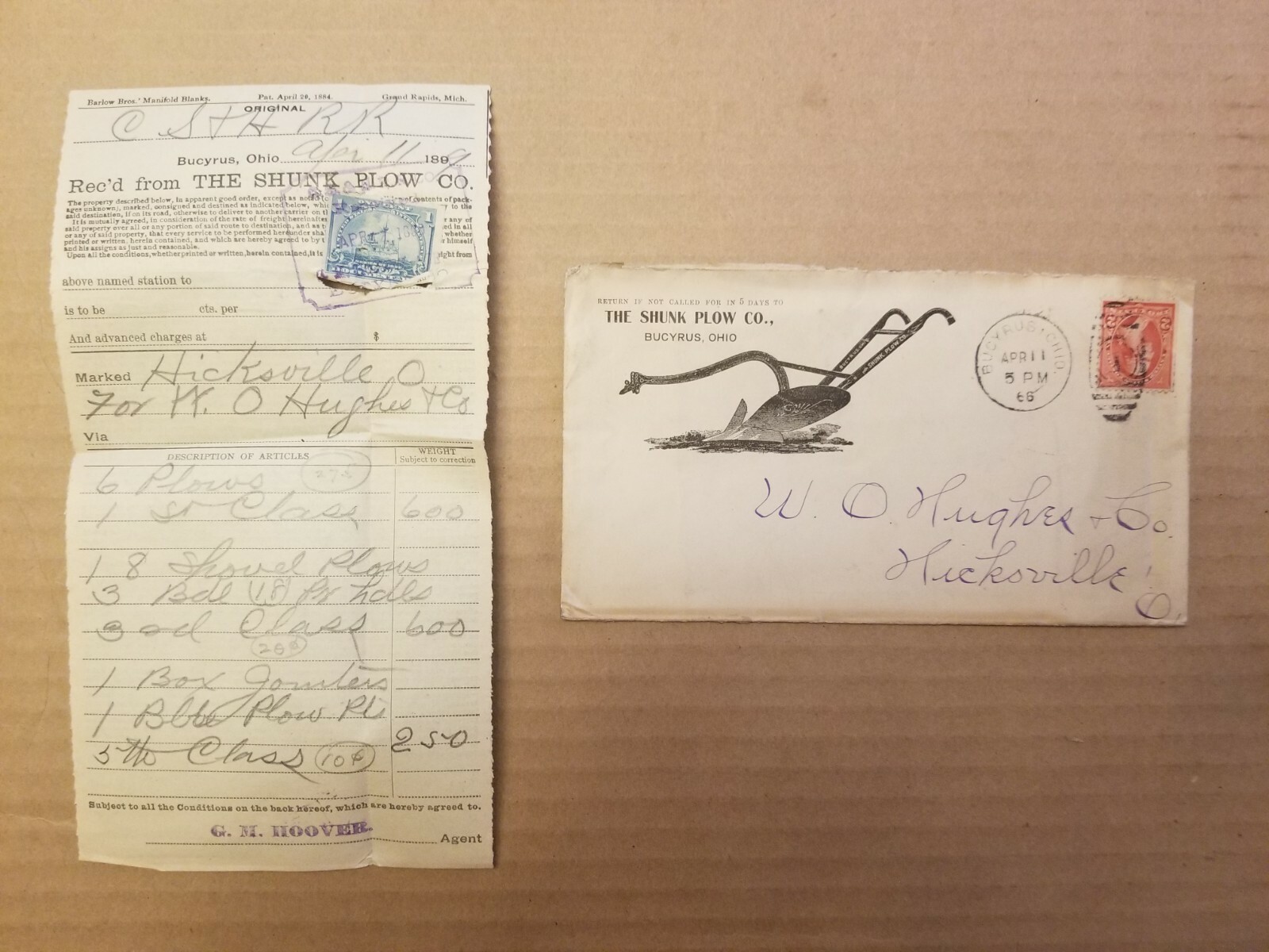 1899. SHUNK PLOW CO. RAILROAD FREIGHT RECEIPT.