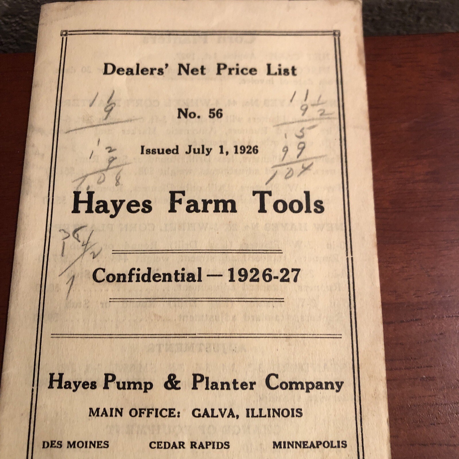 1926 HAYES FARMS TOOLS Dealer&rsquo;s Price List No 56 ~ Pump ~ Galva, IL ~ AUTHENTIC!