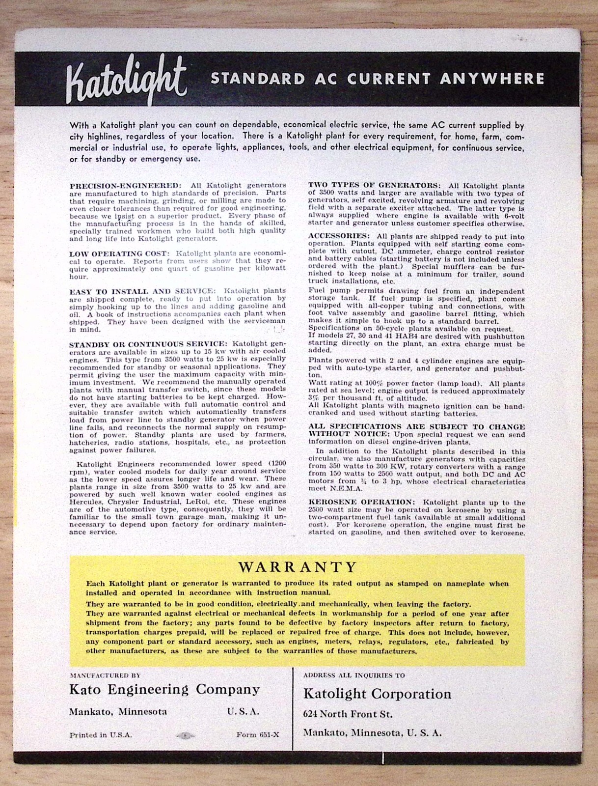 1953 Katolight AC-DC Generating Plants for Farms Homes Kato Engineering Brochure