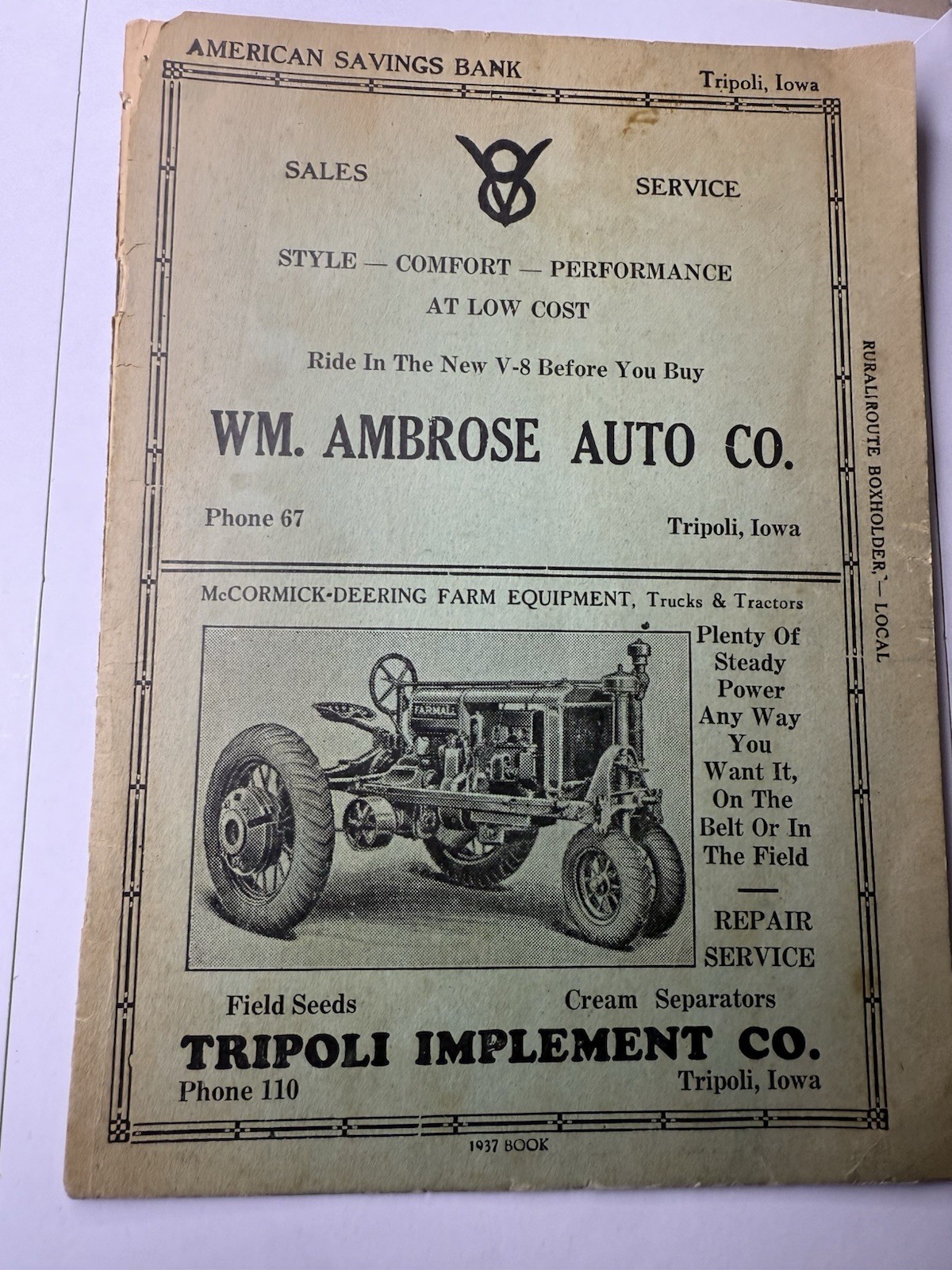 1937 Simplicity Farm Account Book Tripoli Iowa Advertisements Implement Co