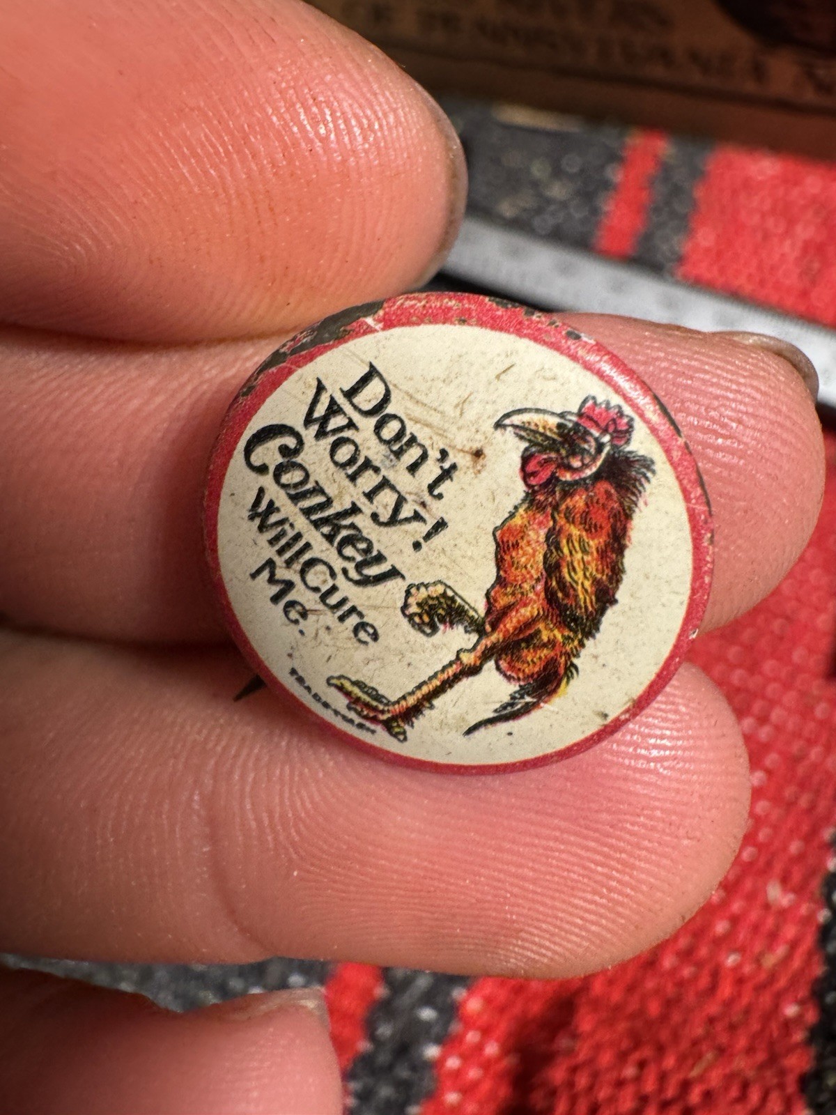 Antique c1908 Conkey Poultry Cure Pin Don’t Worry Chicken Button