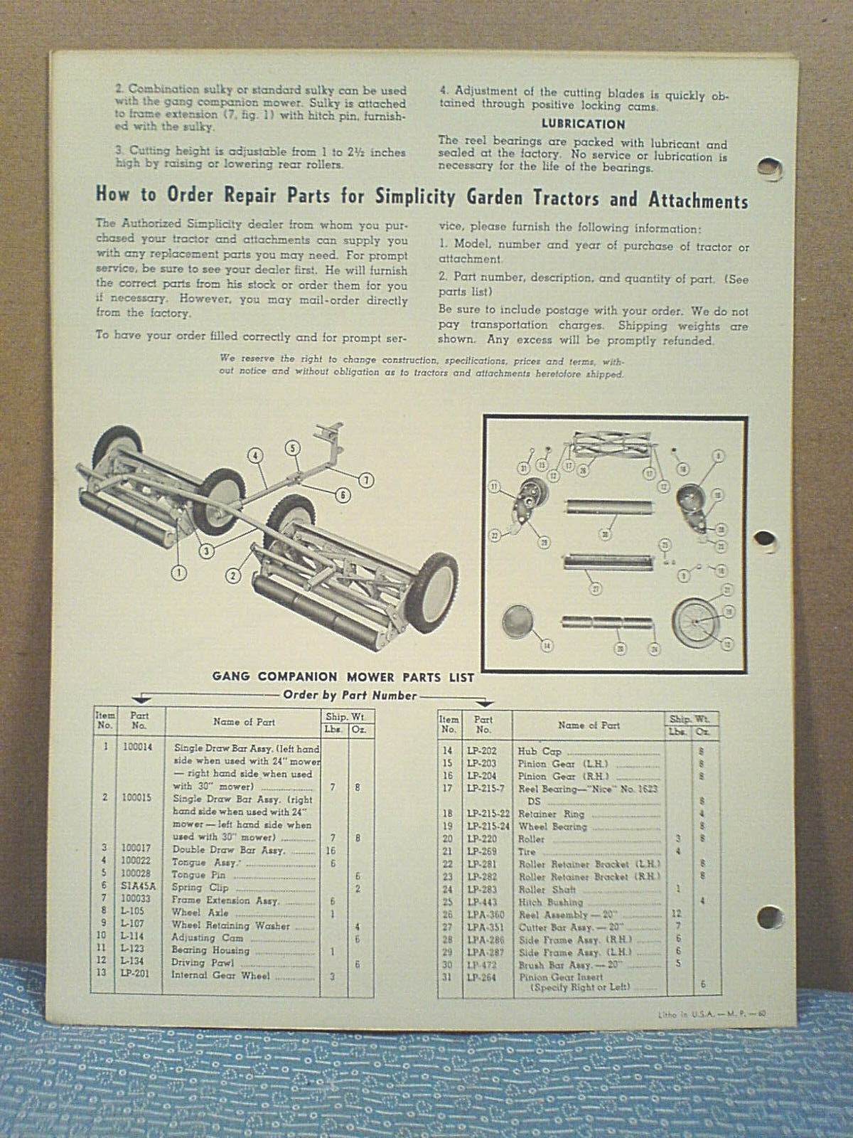 SIMPLICITY WALKING TRACTOR 2 GANG MOWER OPERATOR, ASSEMBLY, & PARTS MANUAL