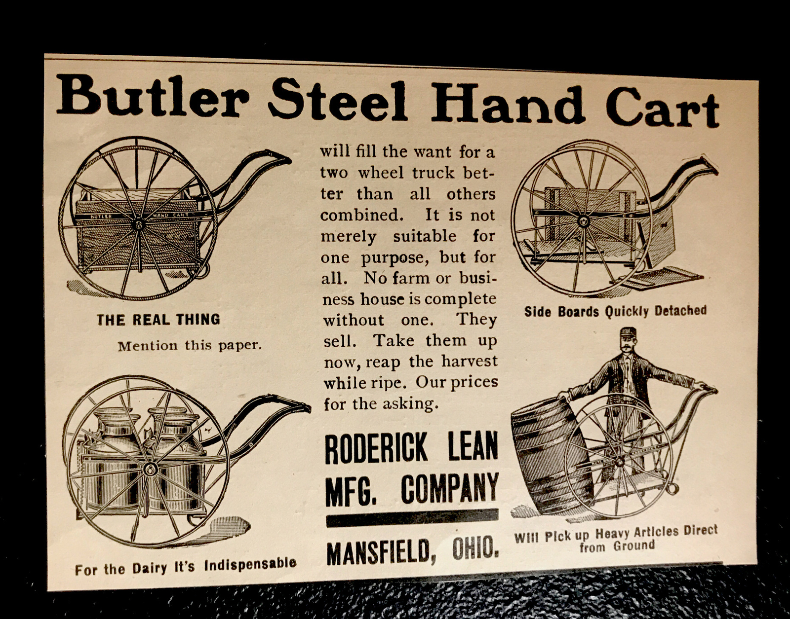 1902 Butler Hand Cart Farm Engraving Advertising – Mansfield – Ohio