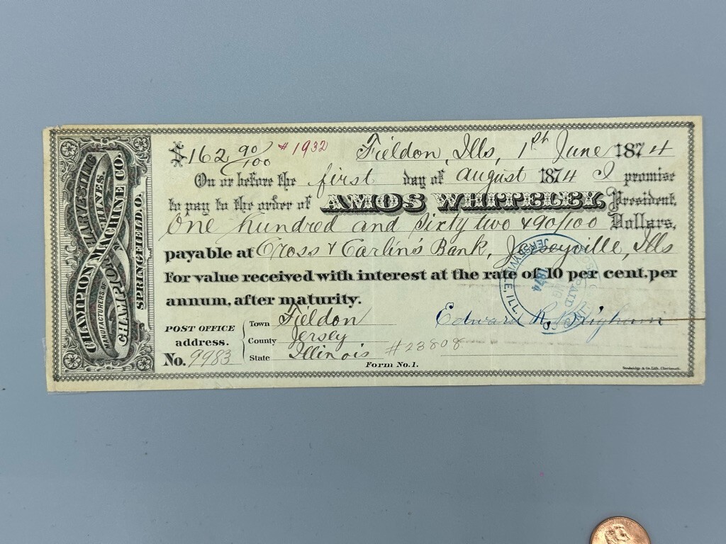 1874 CHAMPION Machinery FARM Promissory Note SPRINGFIELD OH Antique Advertising