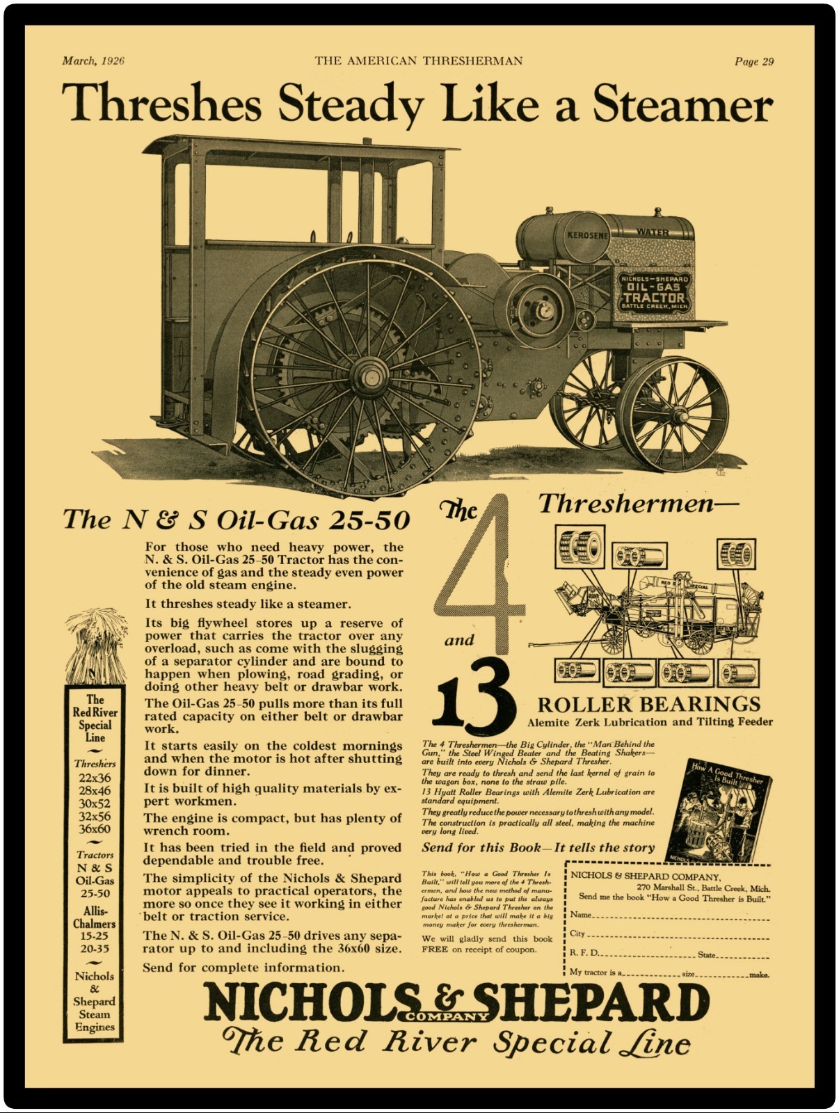 1926 Nichols & Shepard 25-50 Oil Gas Vintage Look 9” x 12” New Metal Sign