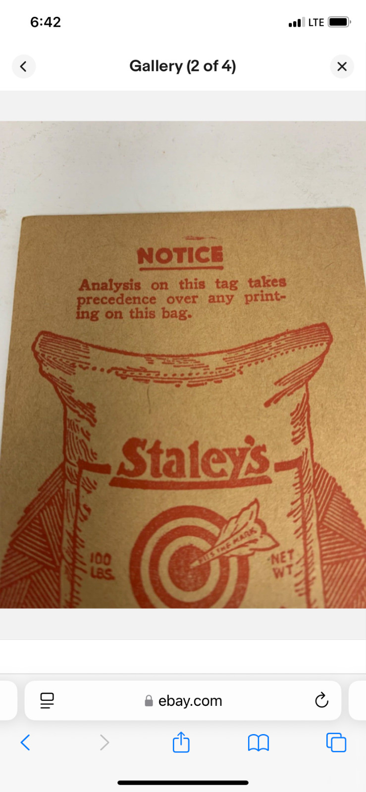 1920&rsquo;s Staley&rsquo;s Corn Gluten Feed 5&Prime;x2.5&Prime; tag