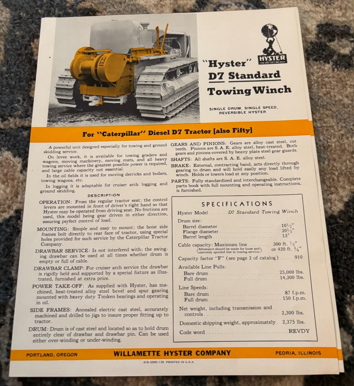 Hyster D7 Worm Drive Towing Winch For Caterpillar D7 Tractor Brochure DCPA25