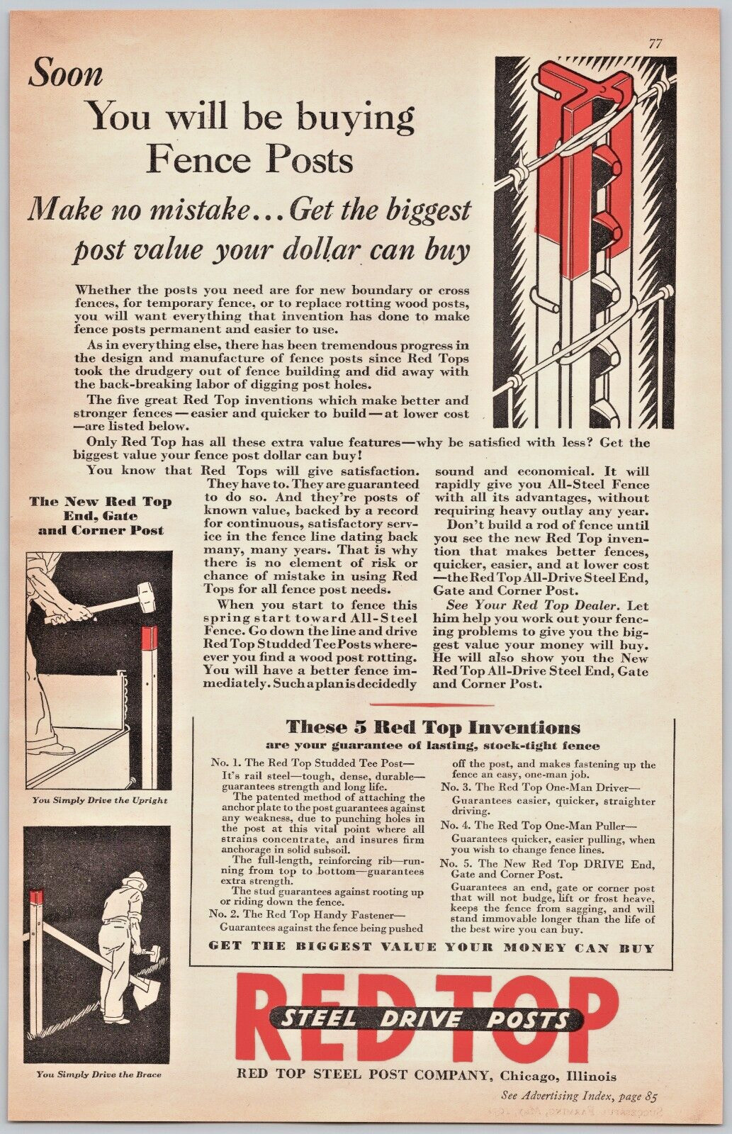 1931 RED TOP Steel Drive Posts Gate & Corner Post Vintage Print Ad
