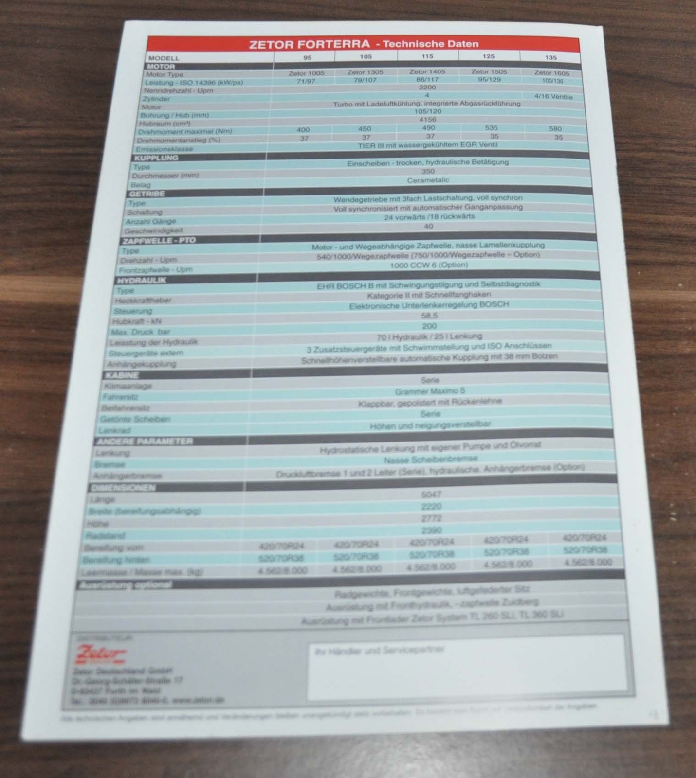 Zetor Forterra Tractor Specification Brochure Prospekt