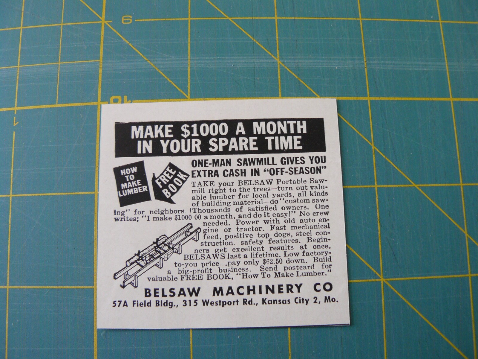 THE FARM QRTLY- Aug 1949 -ad- BELSAW MACHINERY CO 1-man SAWMILL/ Kansas City, MO