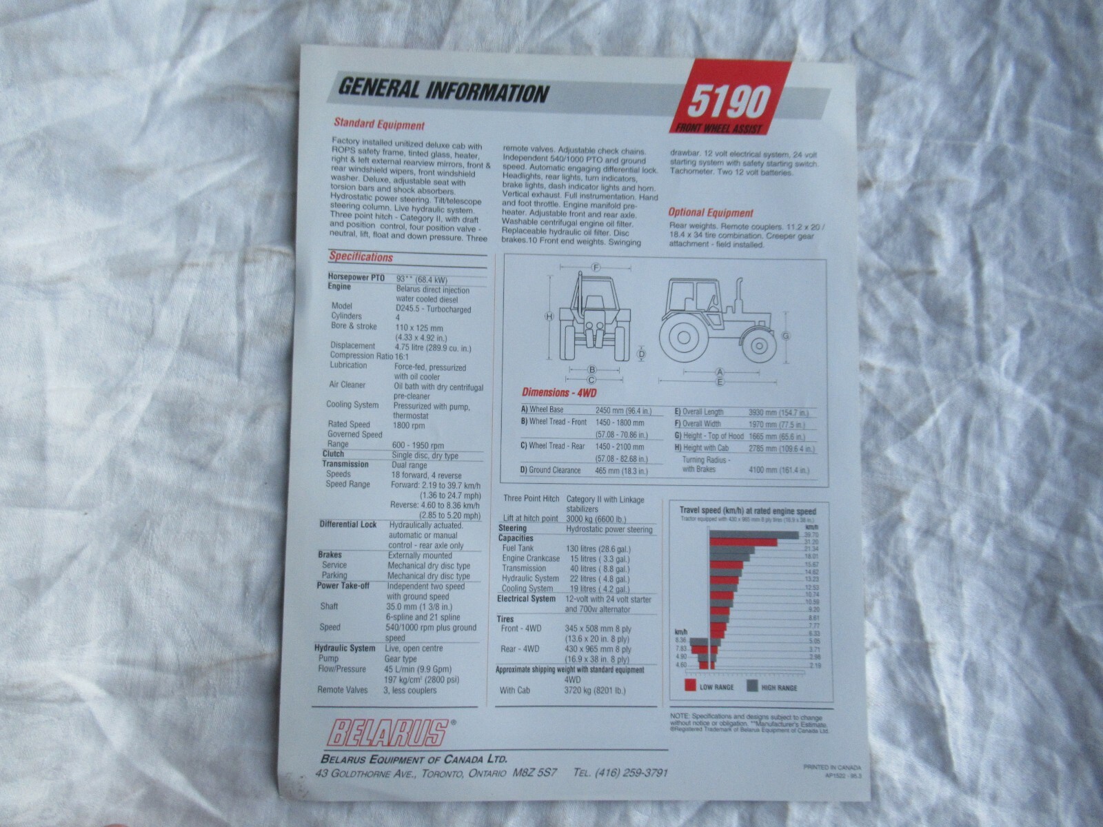 Belarus 5190 tractor specification sheet brochure