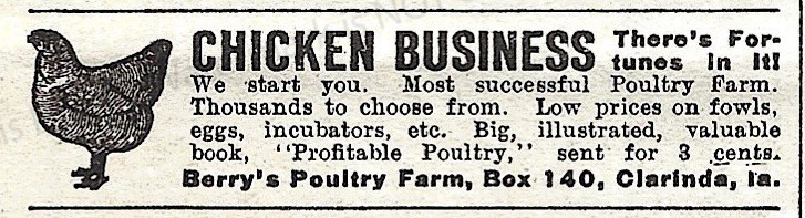 1911 Berry’s Poultry Farm Clarinda Iowa Ad * Chicken Business a Fortune in it!