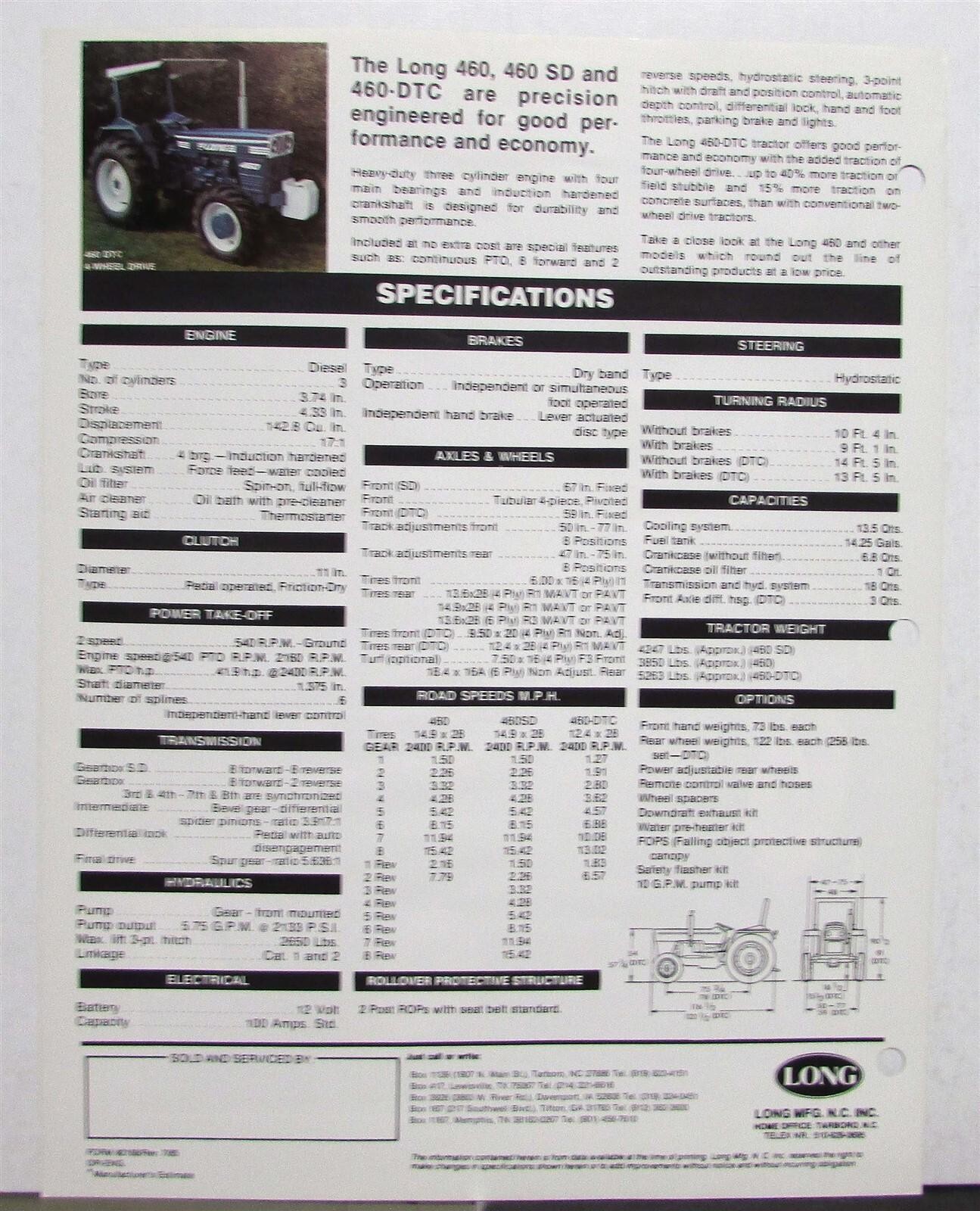 1985 Long 460 SD/DTC Diesel Tractor Specs Agricultural Data Sheet