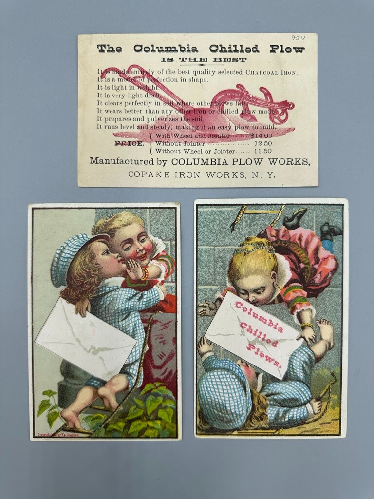 1880s COLUMBIA CHILLED PLOW Love Note FARM Advertising Trade Card COPAKE IRON NY