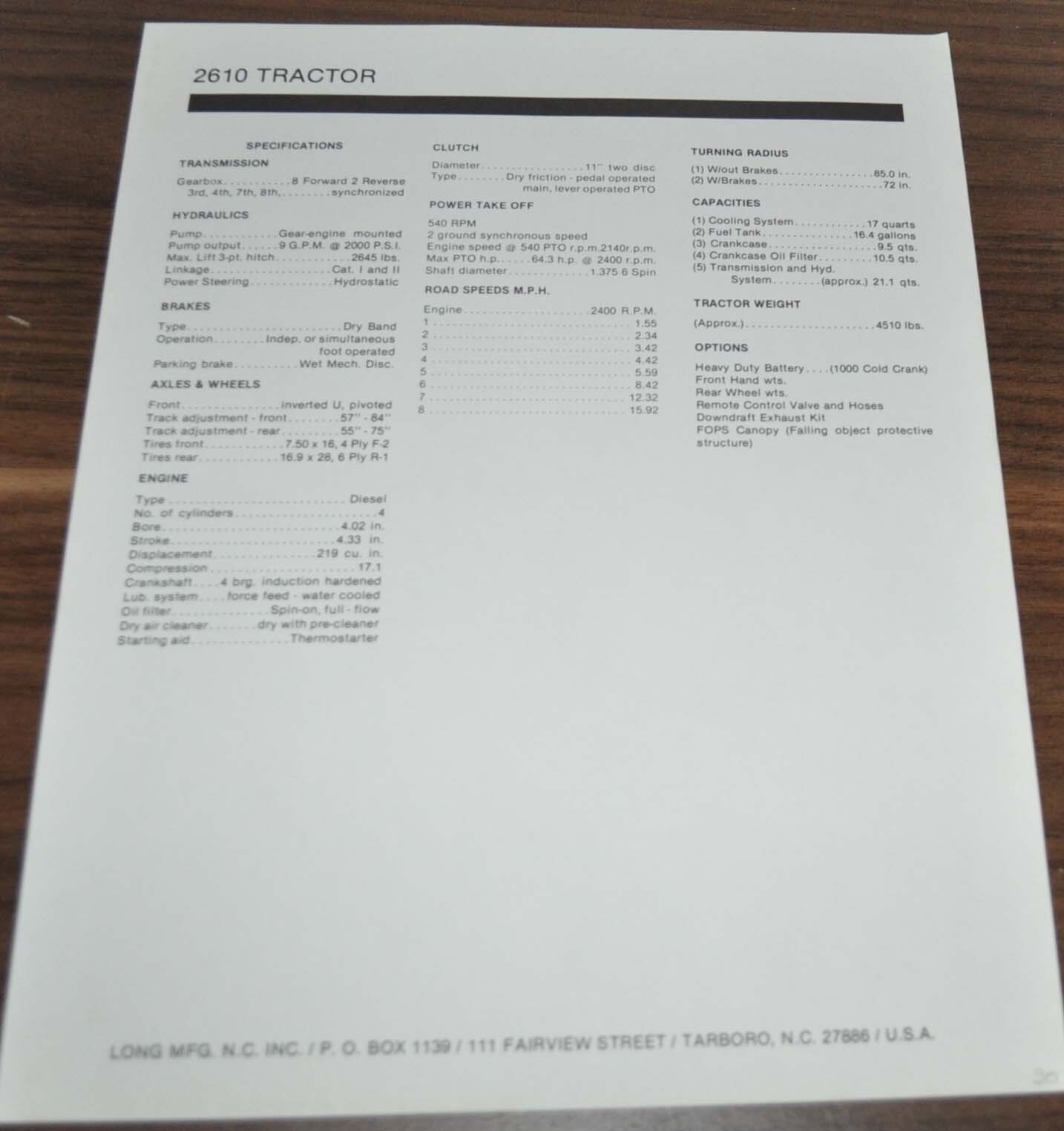 Long Model 2610 Tractor Brochure Prospekt