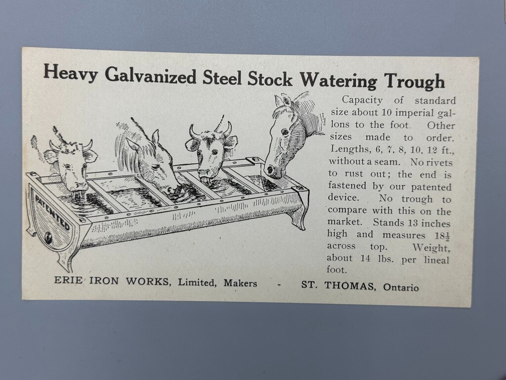 c 1900 ERIE IRON WORKS Cattle HOG TROUGH Hay Rack PLOW Farm Advertise Trade Card