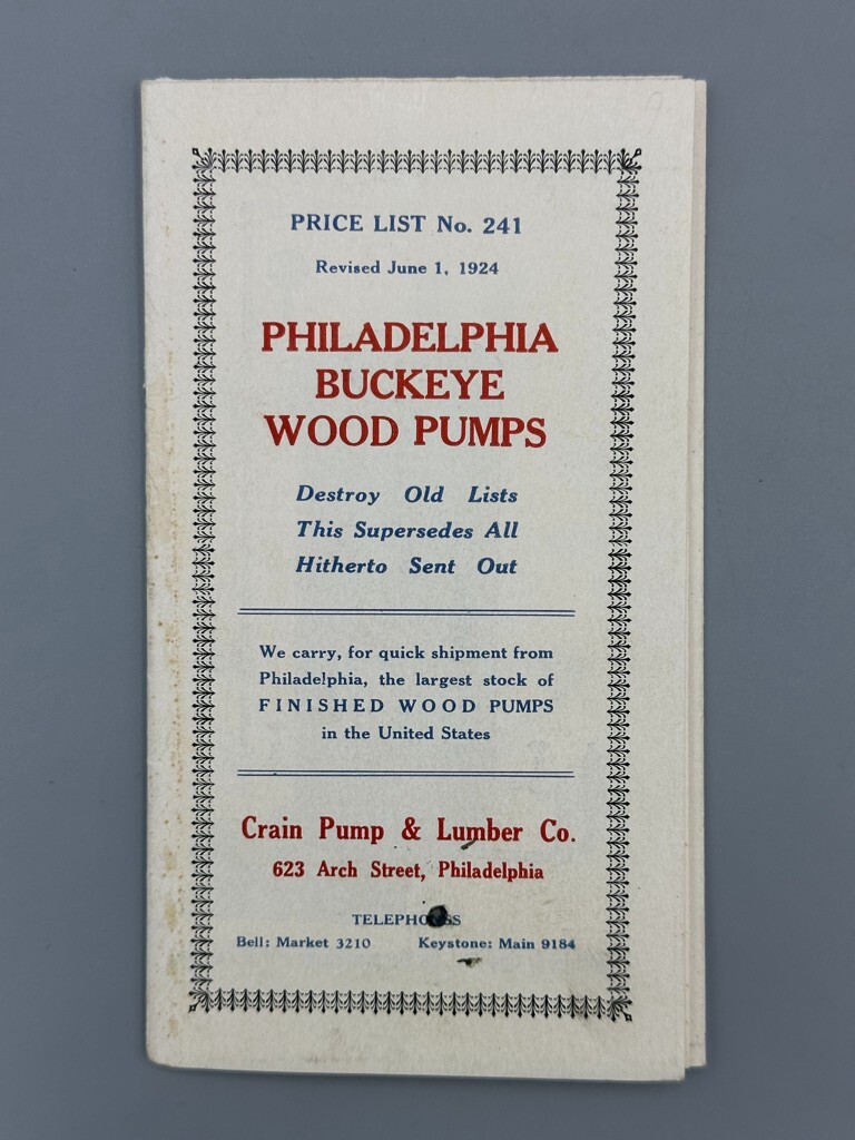 1924 PHILADELPHIA BUCKEYE WOOD PUMPS Crain Lumber FARM Advertising Brochure