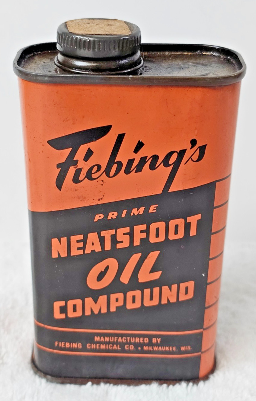 Fiebing’s Neatsfoot Oil Compound Tin Can Milwaukee WI Horse Tack Graphic VTG