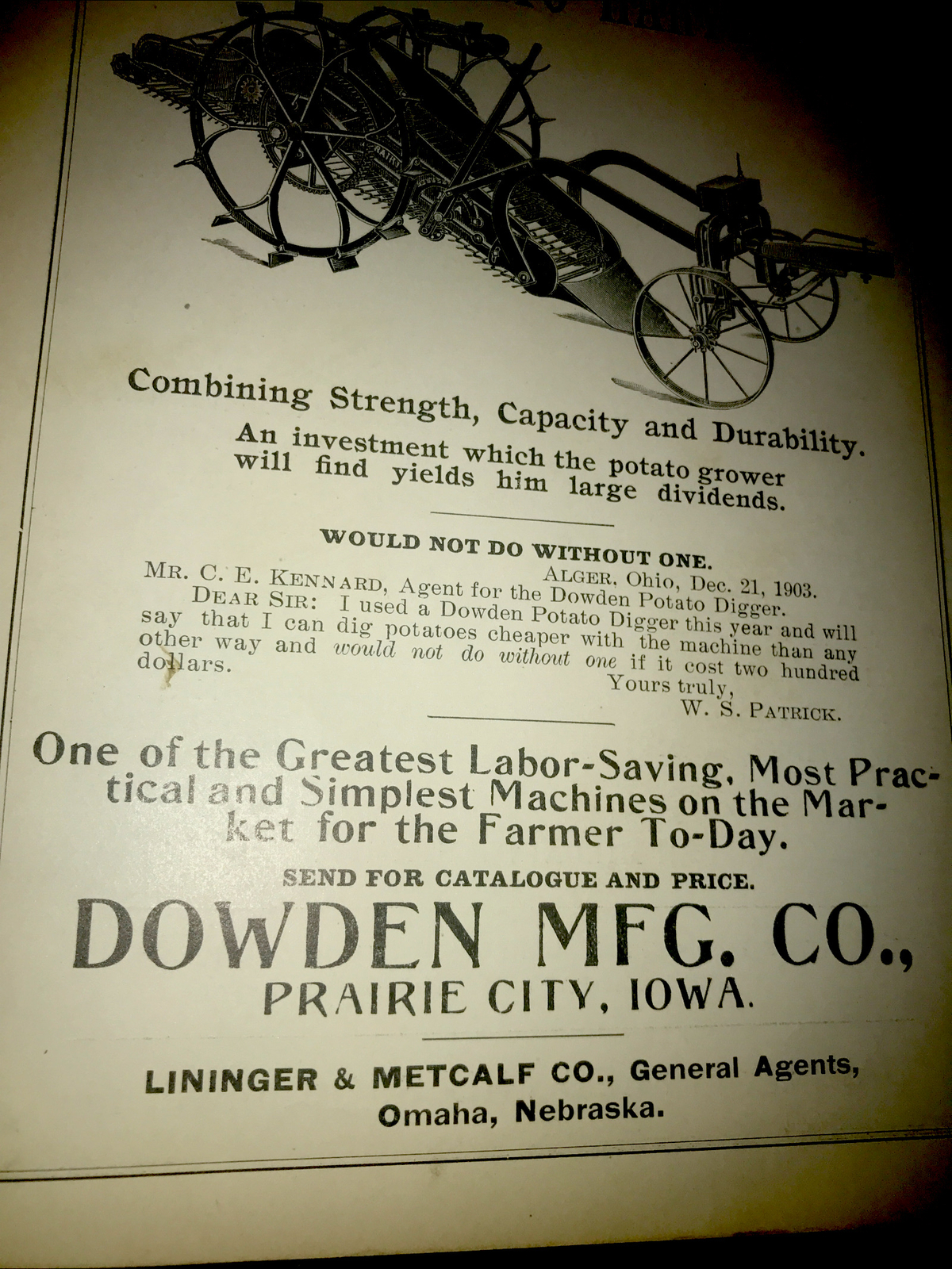 1905 Dowden Potato Harvester Farm Advertising – Prairie City – Iowa – Omaha