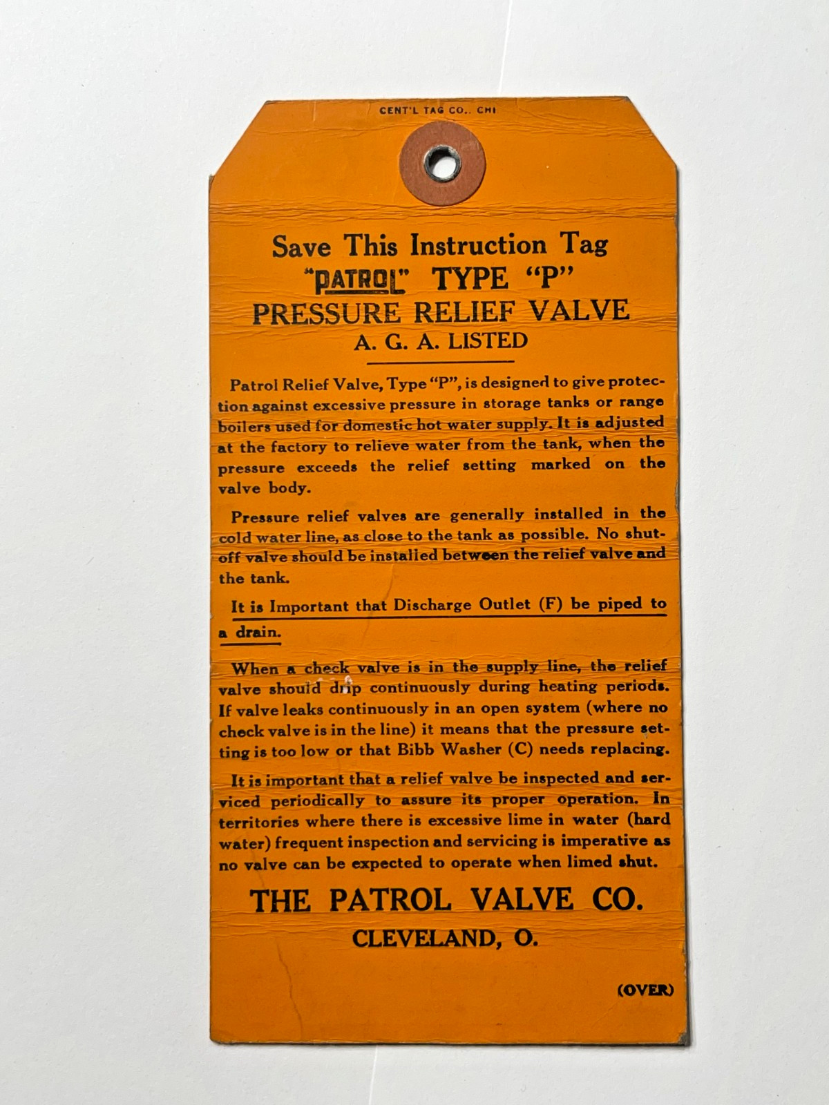 Antique 1950s – The Patrol Valve Co. Equipment Instruction Tag – Cleveland, Ohio