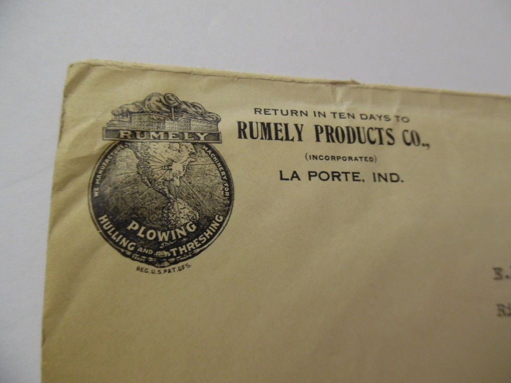 1913 RUMELY PRODUCTS CO. Illustrated Envelope Advertising Cover La Porte Antique