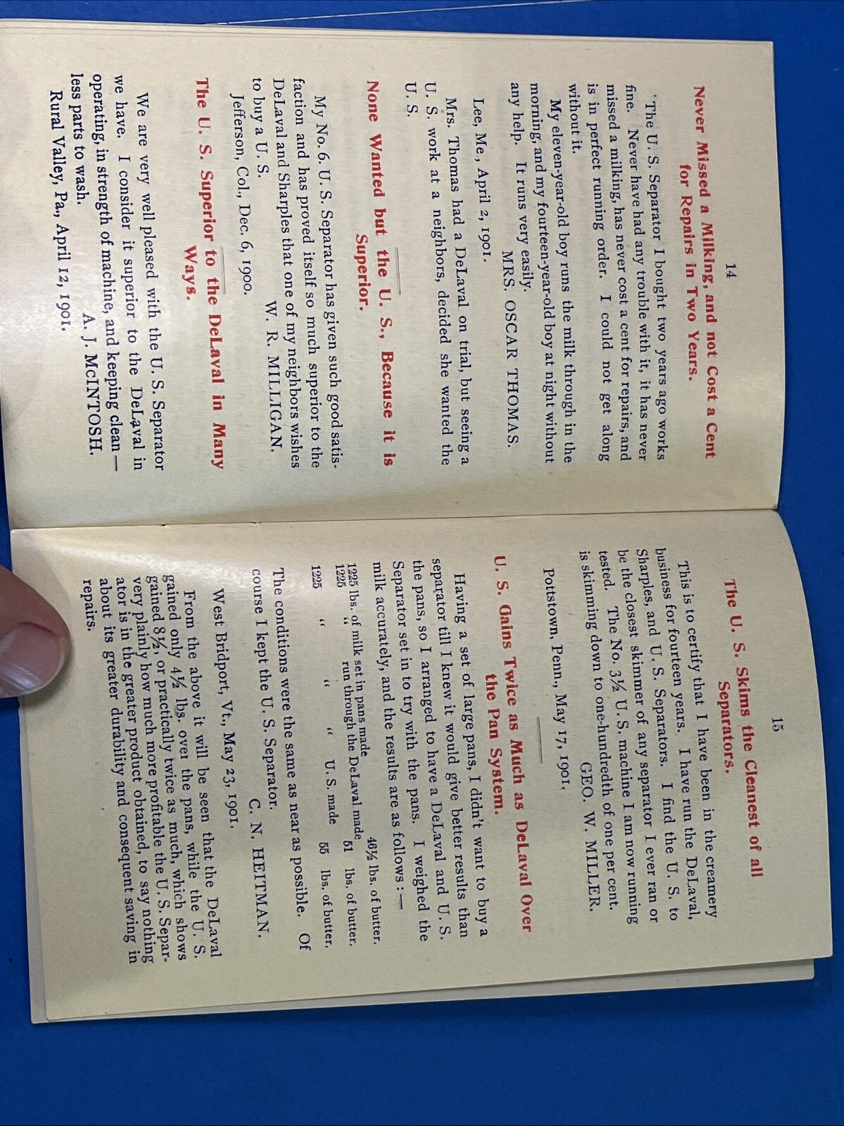 Vintage US Separator Cream Interesting Experiences Testimonial Book Advertising