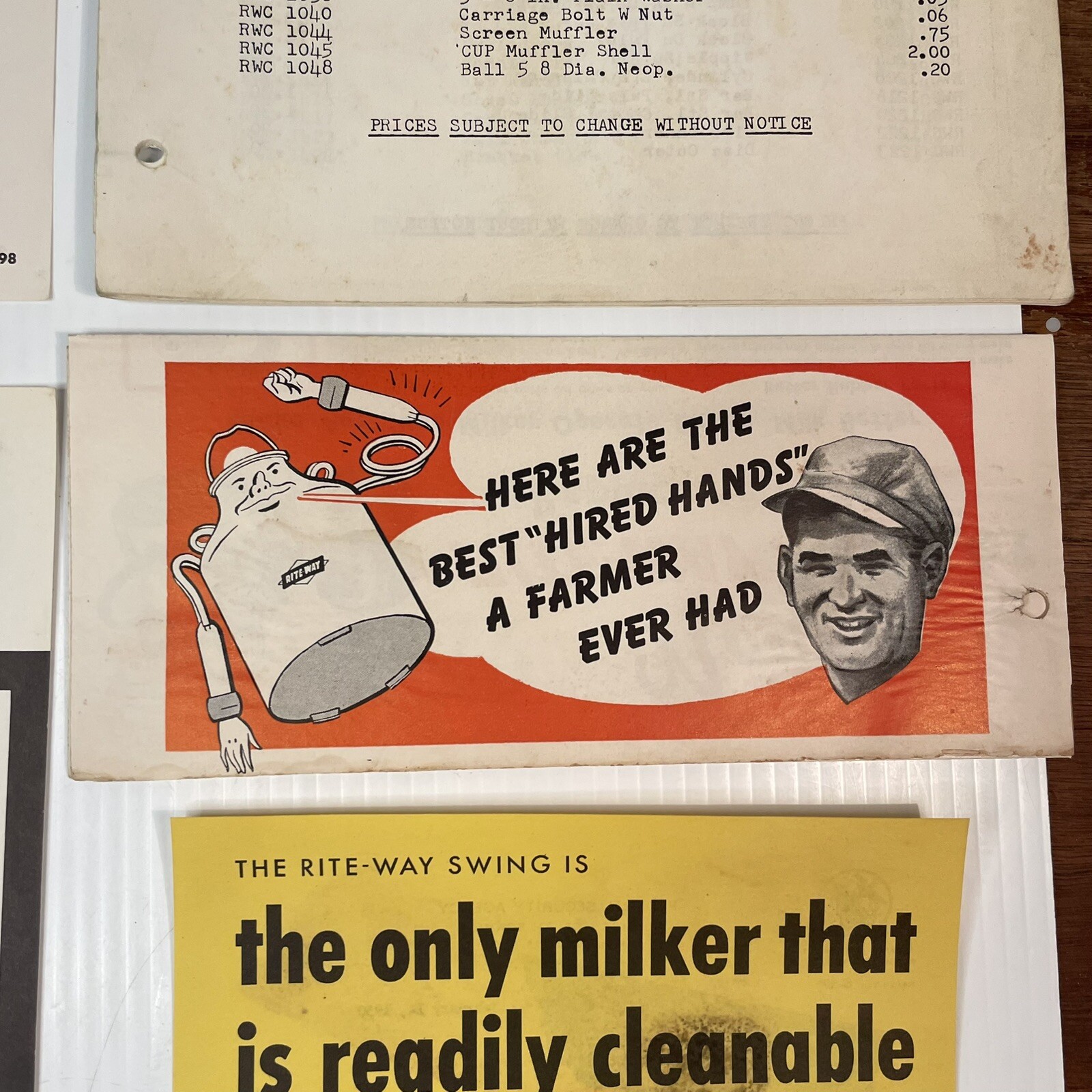 Rite-Way Dairy Farm Equipment Salesman Ads Memos Pamphlets 1950s lot 27 pieces