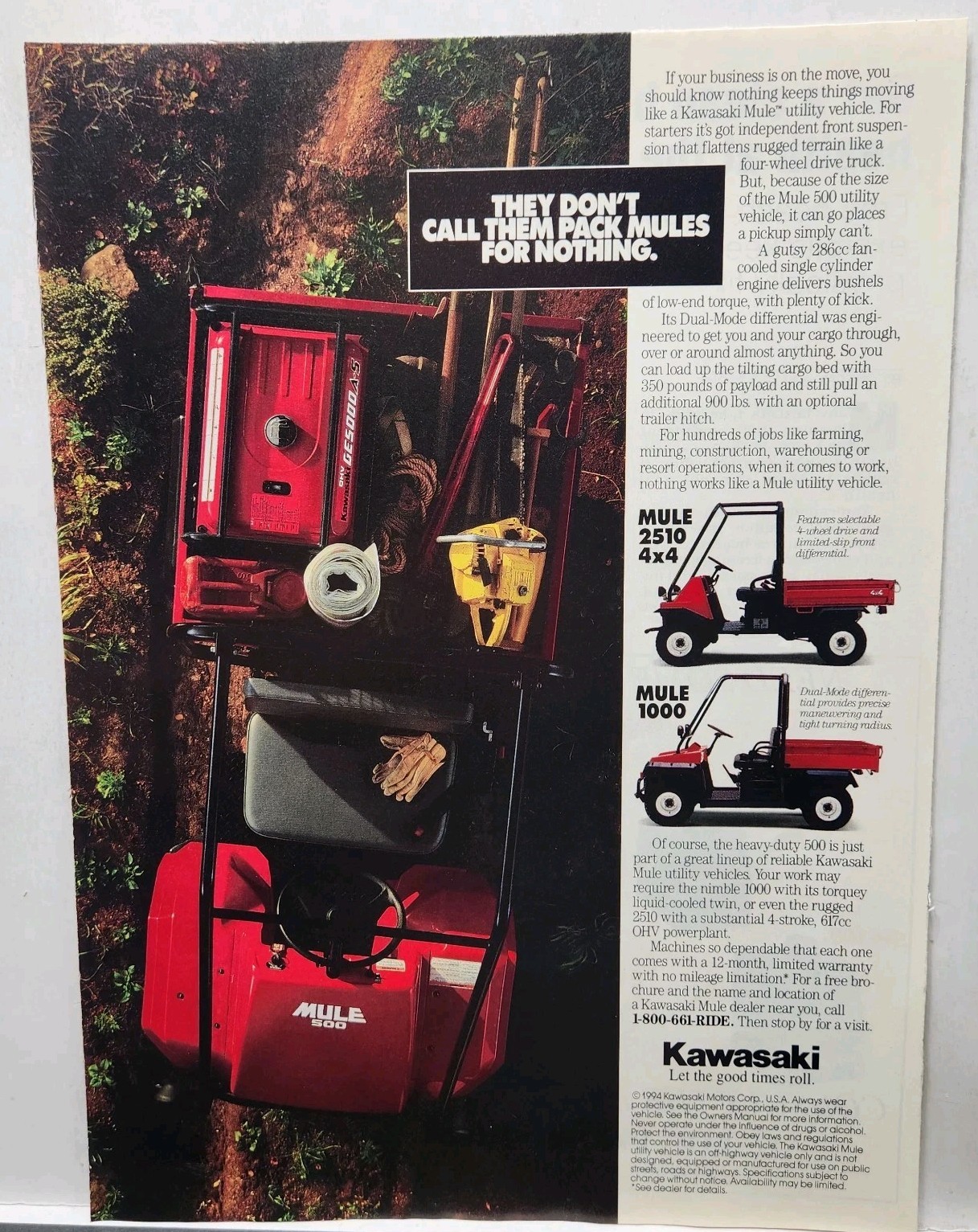 1994 Kawasaki Mule Utility Vehicle 500 1000 2510 4×4 Red Original Print Ad 90s