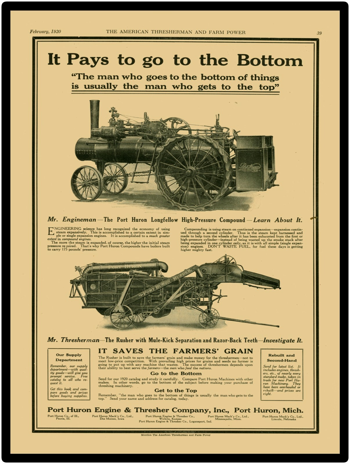 1920 Port Huron Engine & Thresher Company New Metal Sign: Longfellow & Rusher