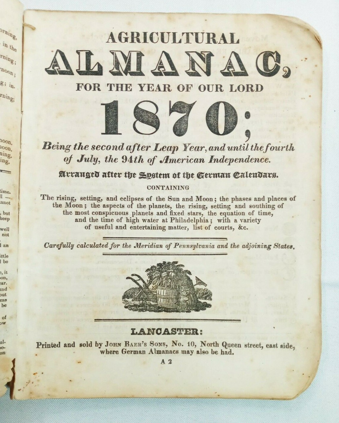 Vintage 1870 John Bear Baer&rsquo;s Agricultural Almanac Lancaster PA Antique Farmers