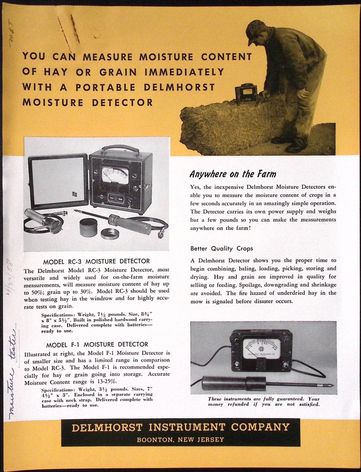 1958 Delmhorst Instrument Co Model RC-3 Model F-1 Moisture Detector Brochure