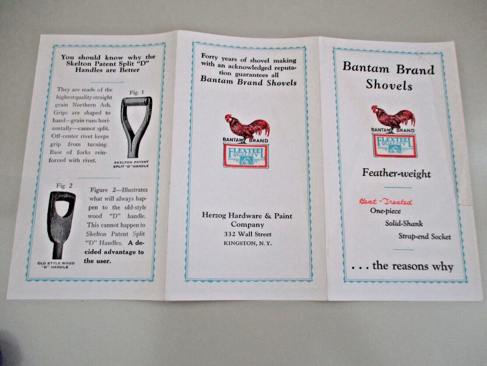 C1920 BANTAM BRAND SHOVELS advertising pamphlet/rooster HERZOG PAINT KINGSTON NY