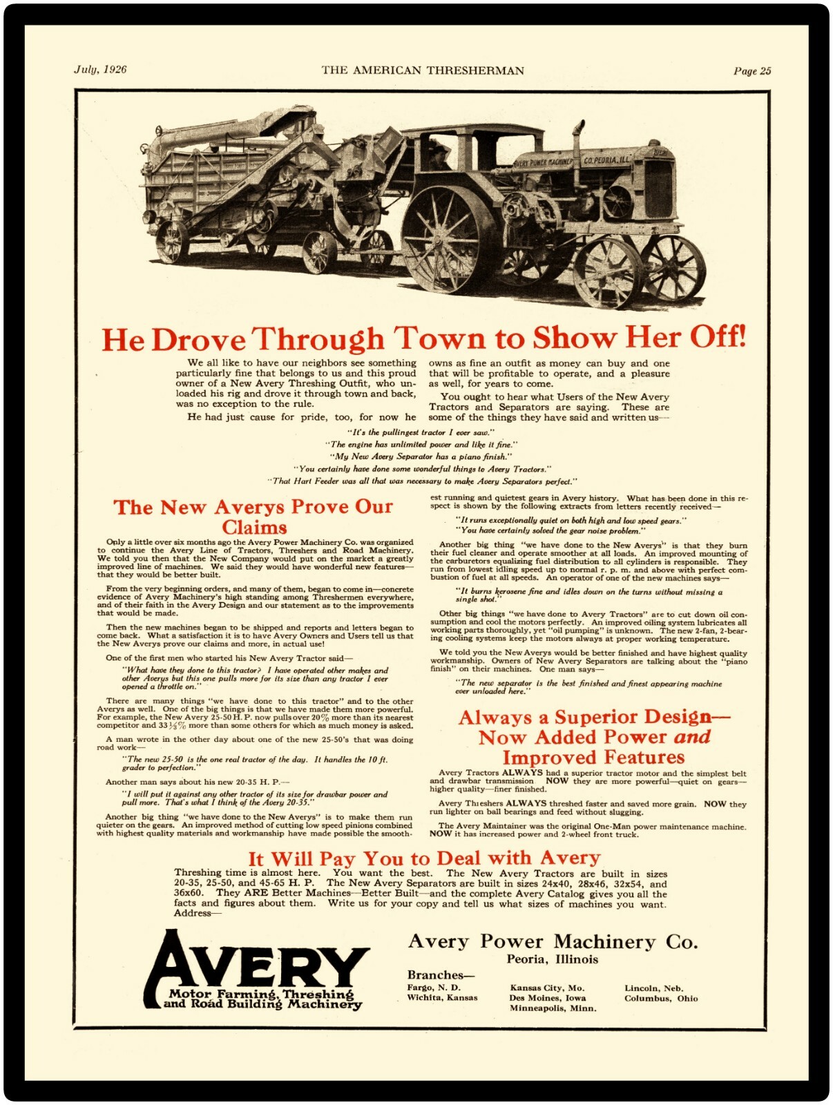 1926 Avery Power Machinery Co. New Metal Sign: Tractor w/ Separator; Peoria, ILL