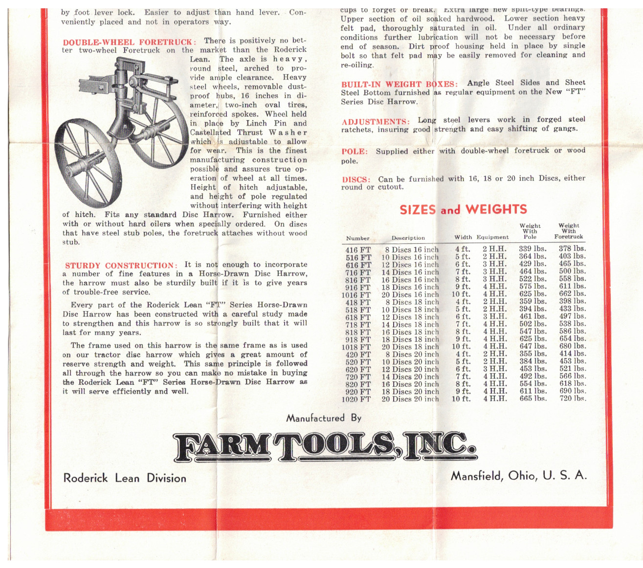 VTG 1938 RODERICK LEAN DISC HARROW ADVERTISING POSTER/BROCHURE! MANSFIELD, OH!