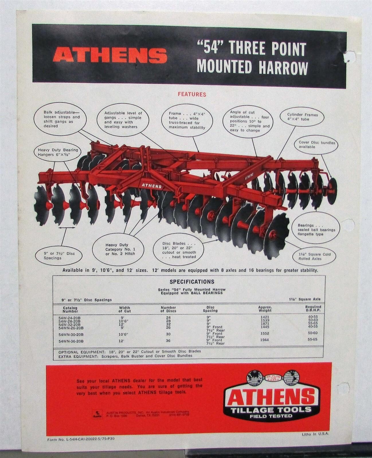 1975 Athens 54 Mounted Harrow Specifications Construction Data Sheet